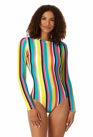 Anne Cole - Women's Sandy Waves Long Sleeve Open Back One Piece Rash Guard  Swimsuit - 16 Multi