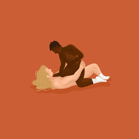 Two adults in "cowgirl" position