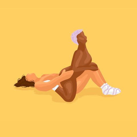 Two adults in "reverse cowgirl"