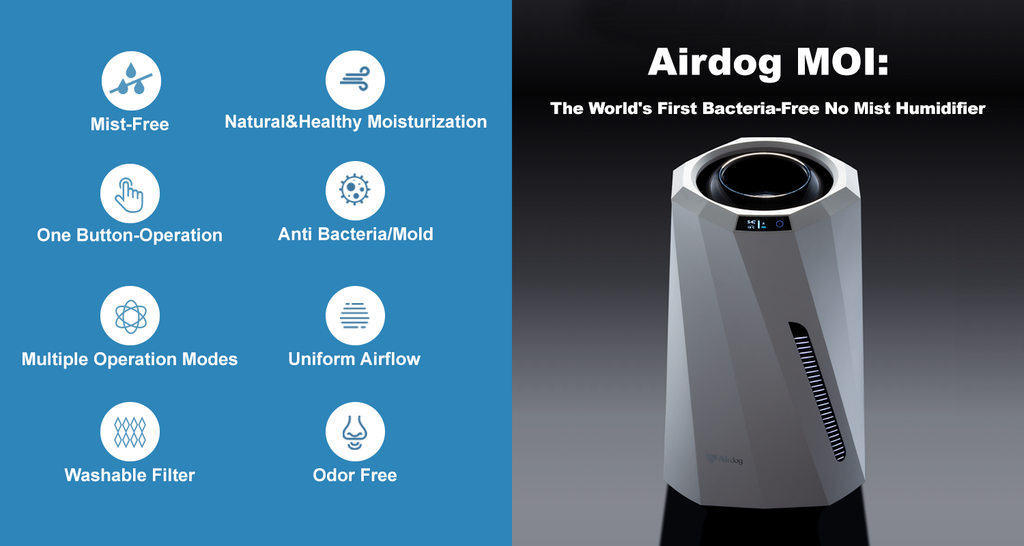 Airdog MOI Mold-Free Evaporative Humidifier with feature icons