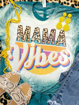 Mama Vibes Neon & Leopard  Bleached Teal Tee