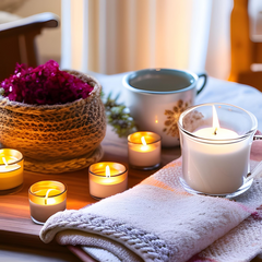 Candles, tea, and a soft blanket create a serene environment for crystal cleansing.