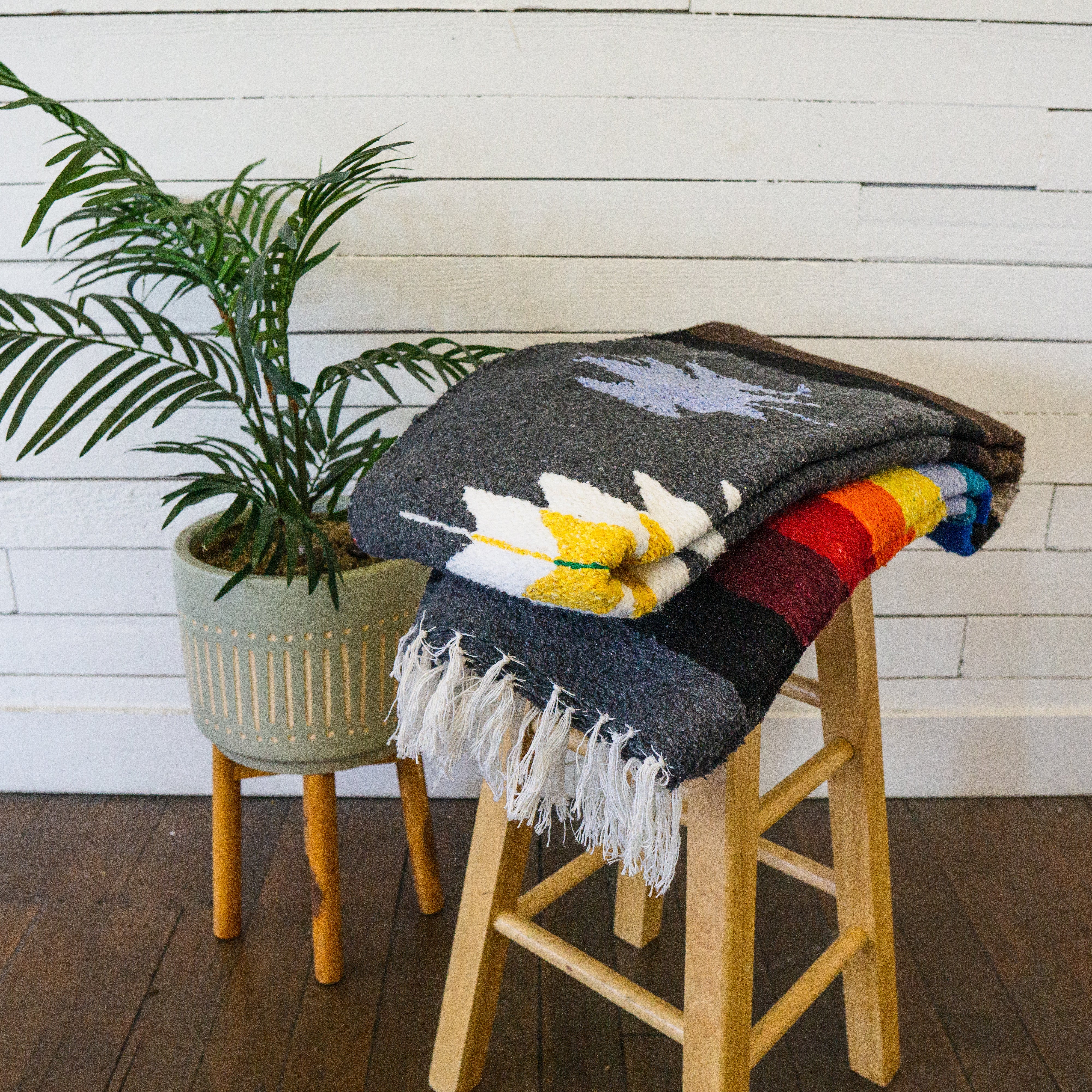 Vibrant Diamond Charcoal & Stripes - Mexican Baja Blanket