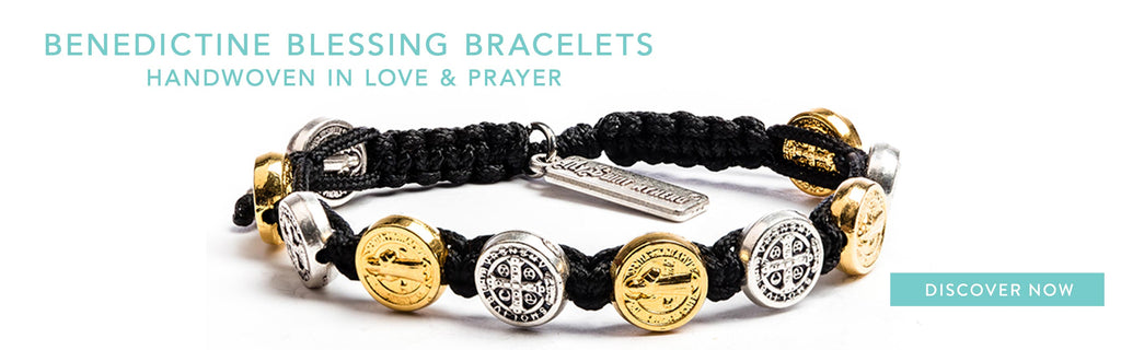 Handwoven Benedictine Blessing Bracelet with gold and silver tone St. Benedict Medals and Black Cording