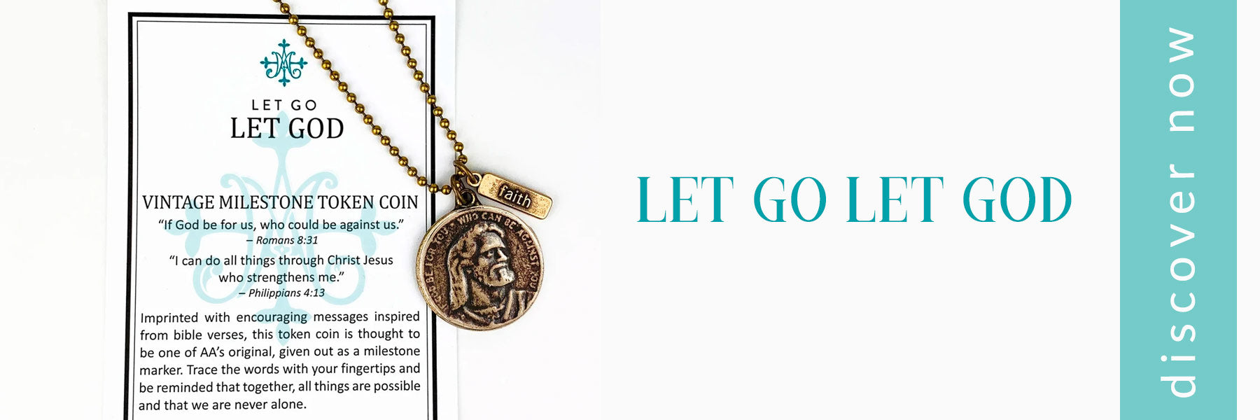 In line ad for Let Go Let God Collection with the bronze Jesus coin necklace and its inspirational card