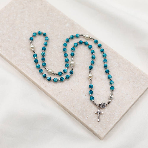 Rosary Wrap Bracelet with turquoise, silver tone and faux pearl beads