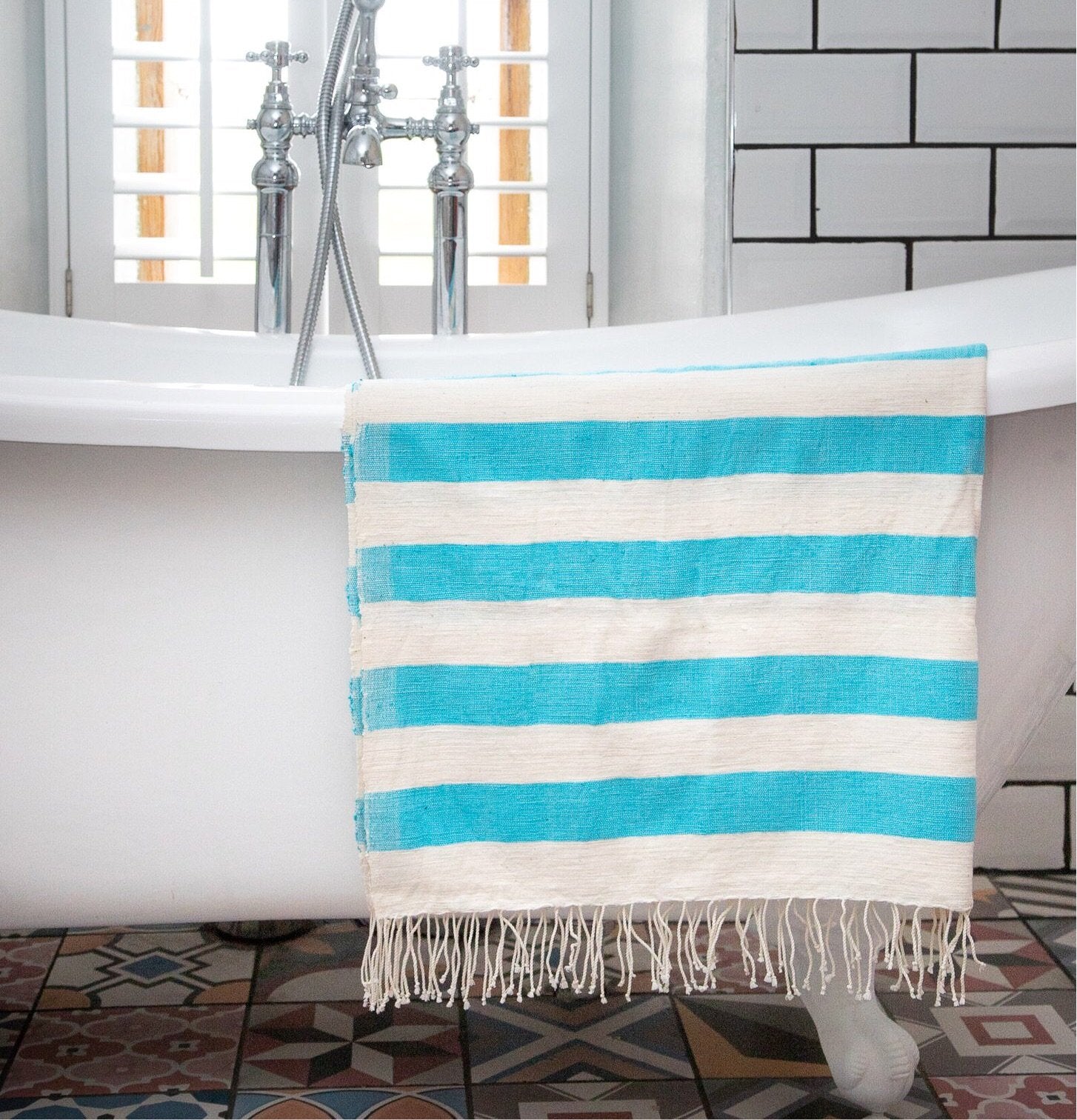 blue striped beach towel