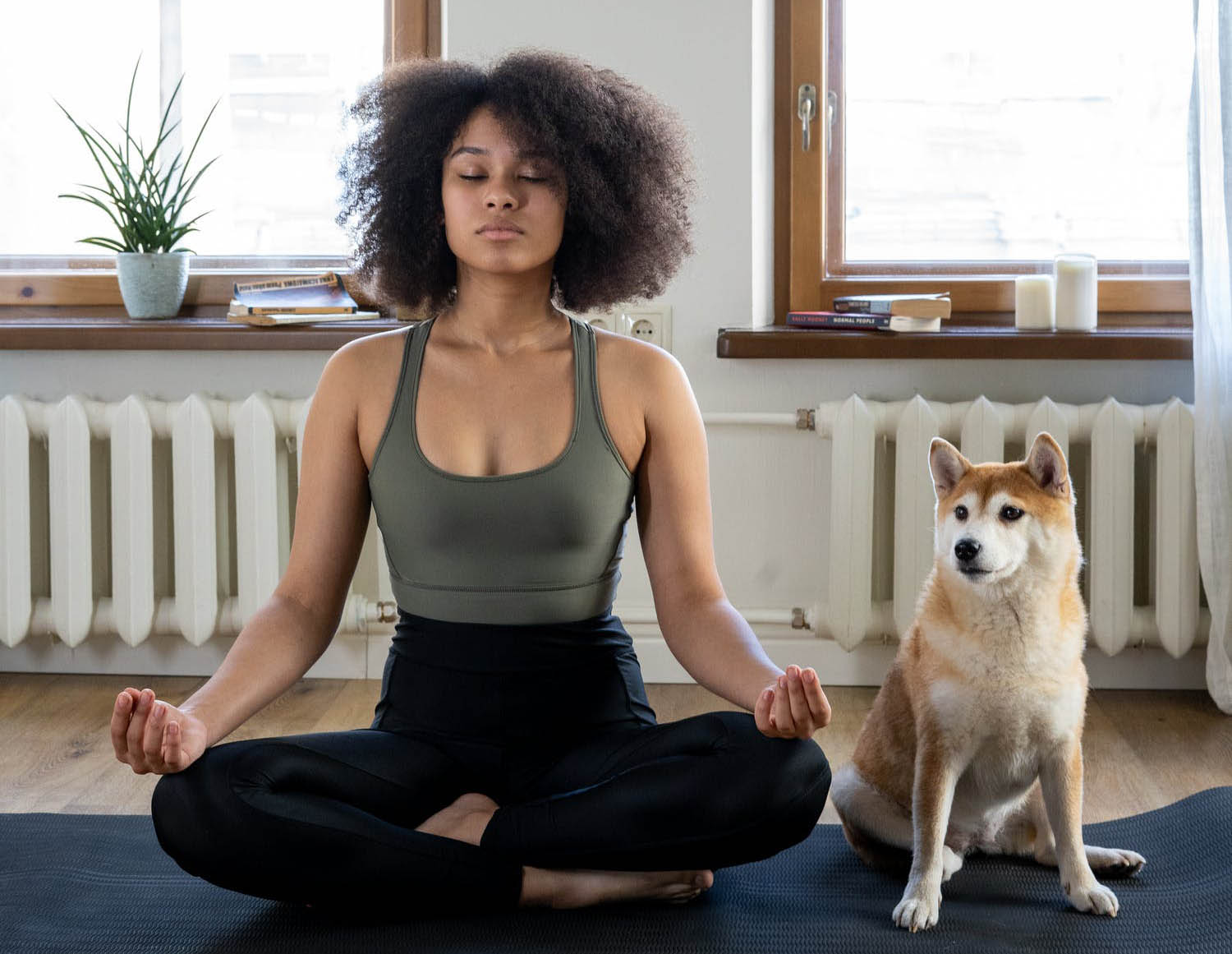Woman meditating with a dog