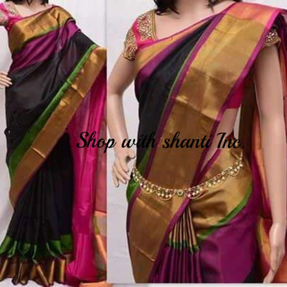 Uppada black with purple and green handwoven silk saree with special ...