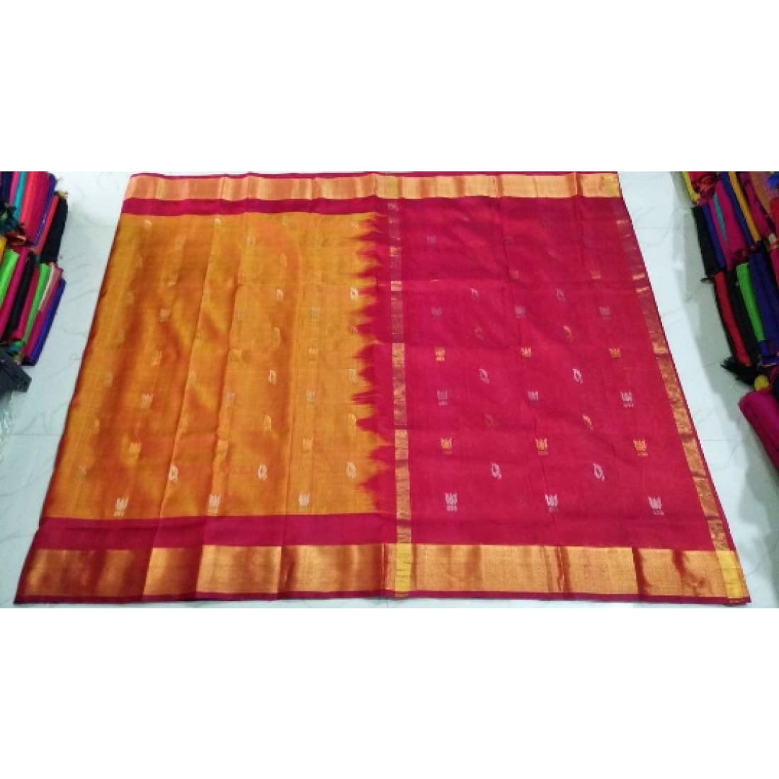 uppada-handwoven-mustard-yellow-with-pink-pure-silk-saree-butti-work ...