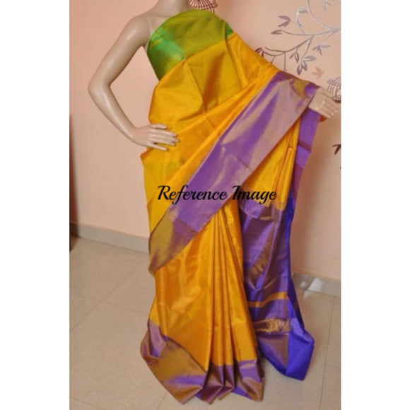 Uppada yellow with purple and green border handwoven full tissue saree ...