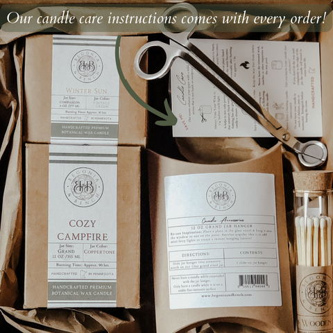 candle packaging kit with accessories and candle care card. Begonia and bench packaging with care and sustainable materials. 