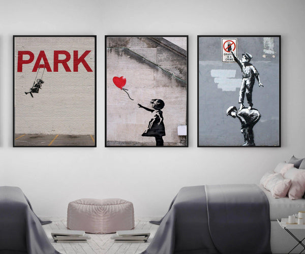 Banksy Graffiti Street Art Framed Canvas Set of 3 - Modern Memory Design Picture frames - New Jersey Frame shop custom framing