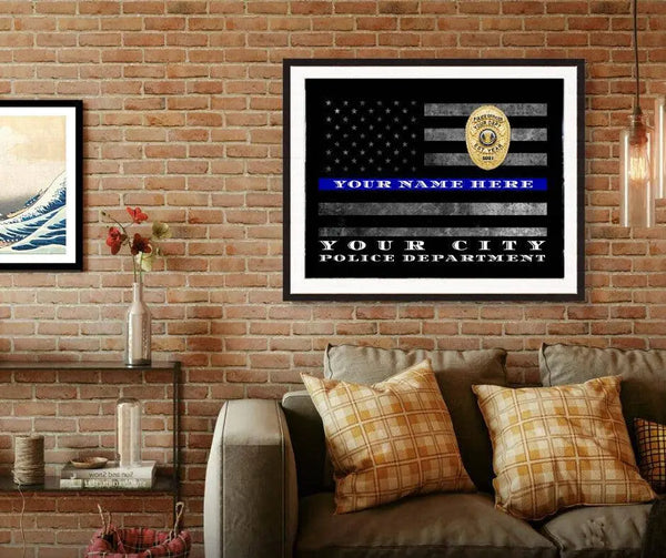 Thin Blue Line Flag Police Officer Gift Art Framed