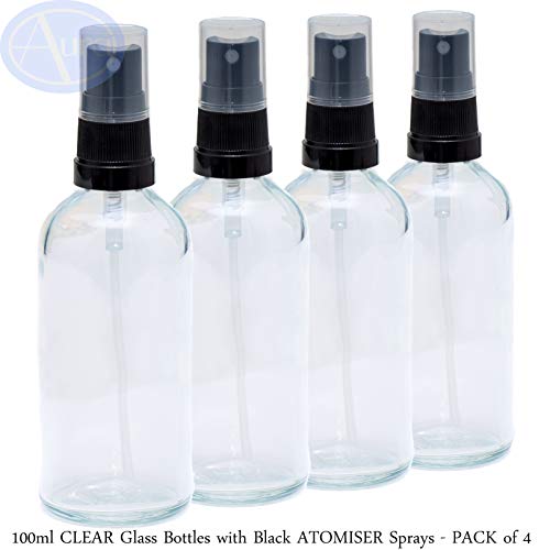 100ml CLEAR Glass Bottles with Black ATOMISER Sprays - PACK of 4  Aura   