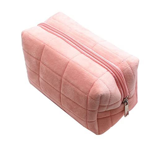 Cessfle Terry Cloth Small Makeup Bag, Checkered Plush Cosmetic Asthetic  Plaid Handbags, Cute Zipper Travel Toiletry Soft Storage Pouch for Women