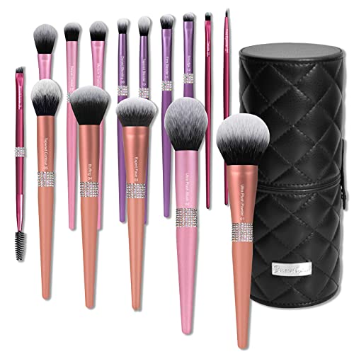 Bueart Design Elegant pink Ultra soft labeled Makeup Brushes Sets with Cute Brush  Holder case makeup brush set with Foundation Powder blush concealer  blending eyeshadow contour Glitter