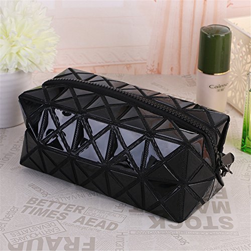 Black Cosmetic Tote Bag for Makeup, Geometric Foldable Rhombus Folding Grid Cube Handbag, Makeup Tool Storage Purse Toiletry Bag Organizer  CRITIVE-S   