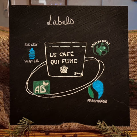 Les labels du café - le café qui fume - BIO Rainforest Swisswater fairtrade