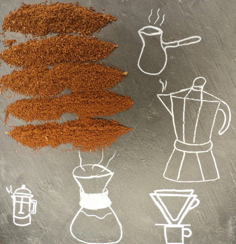 5 moutures différentes à café correspondant à différents moyens d'extraction