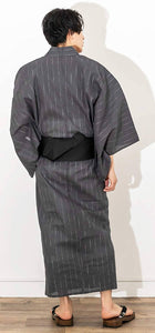 KYOETSU Men’s Japanese Yukata 4-Piece Set – Yukata, Square Belt, Geta, Waistband – Fine Stripes with Black Obi C-12