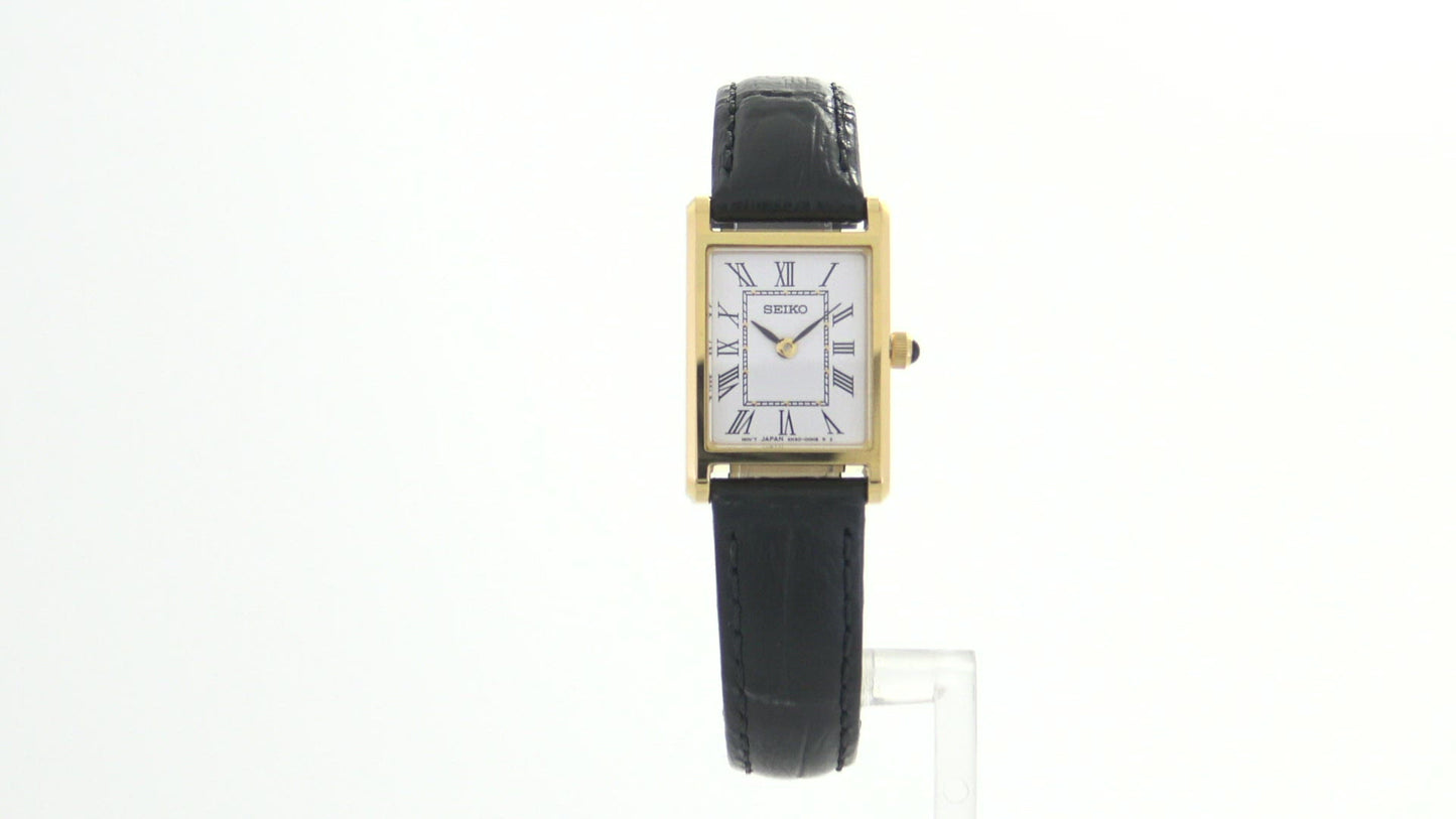 Seiko Square Gold Black Leather Women's Watch SWR054 – Wolf Fine Jewelers