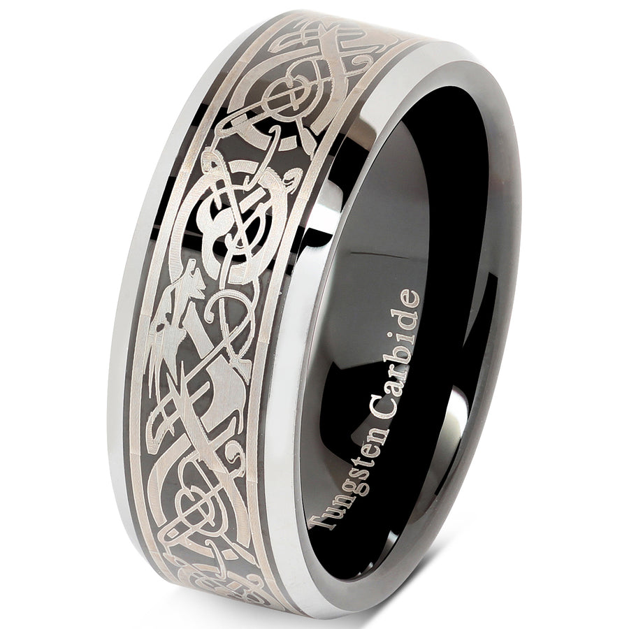 Tungsten Ring For Men Black Wedding Band Celtic Dragon