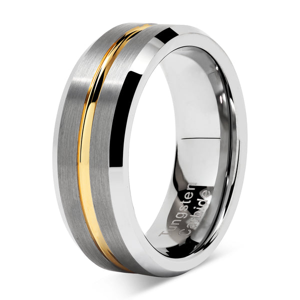 Tungsten Men Two Tone Silver Wedding Bands Gold Grooved Matte Finish ...