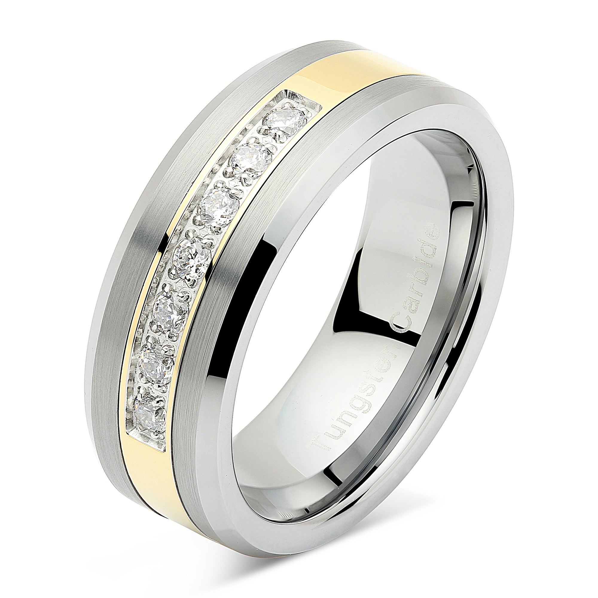 100S JEWELRY Tungsten Rings for Men Women Wedding Band Two Tone Gold Silver Cz Inlay Size 6-16