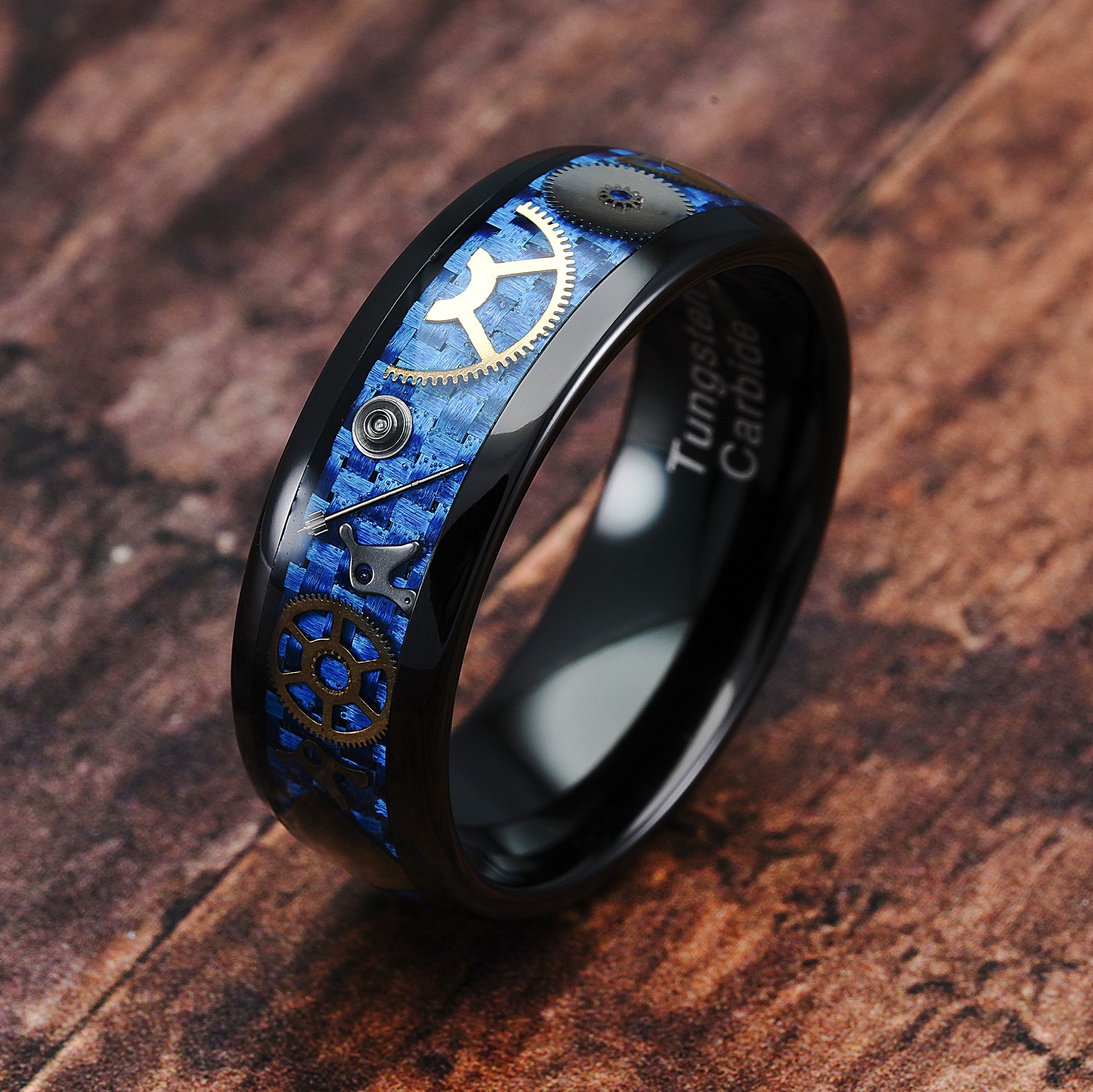 Black Tungsten Rings for Men Watch Gear Blue Carbon Fiber Inlaid Wedding Band Promise Engagement Anniversary Size 6-16