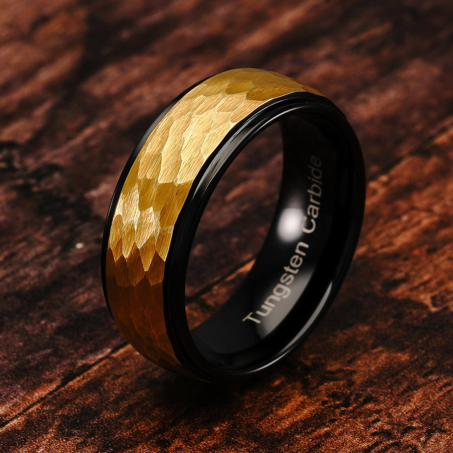 Tungsten Ring for Men Wedding Band Two Tone Black Gold Hammer Forged ...