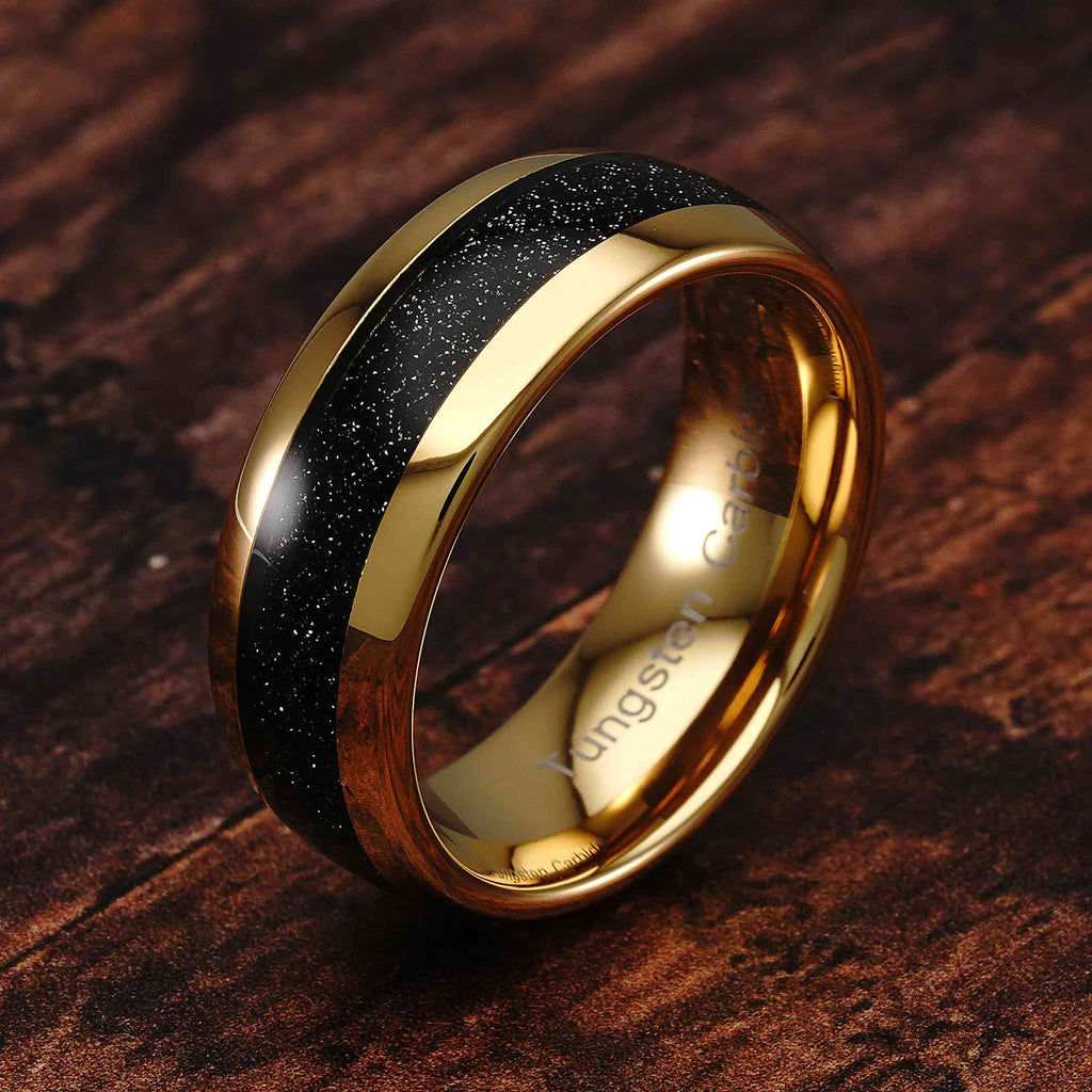 Tungsten Ring for Men Wedding Band Black Sandstone Inlaid Gold Dome ...