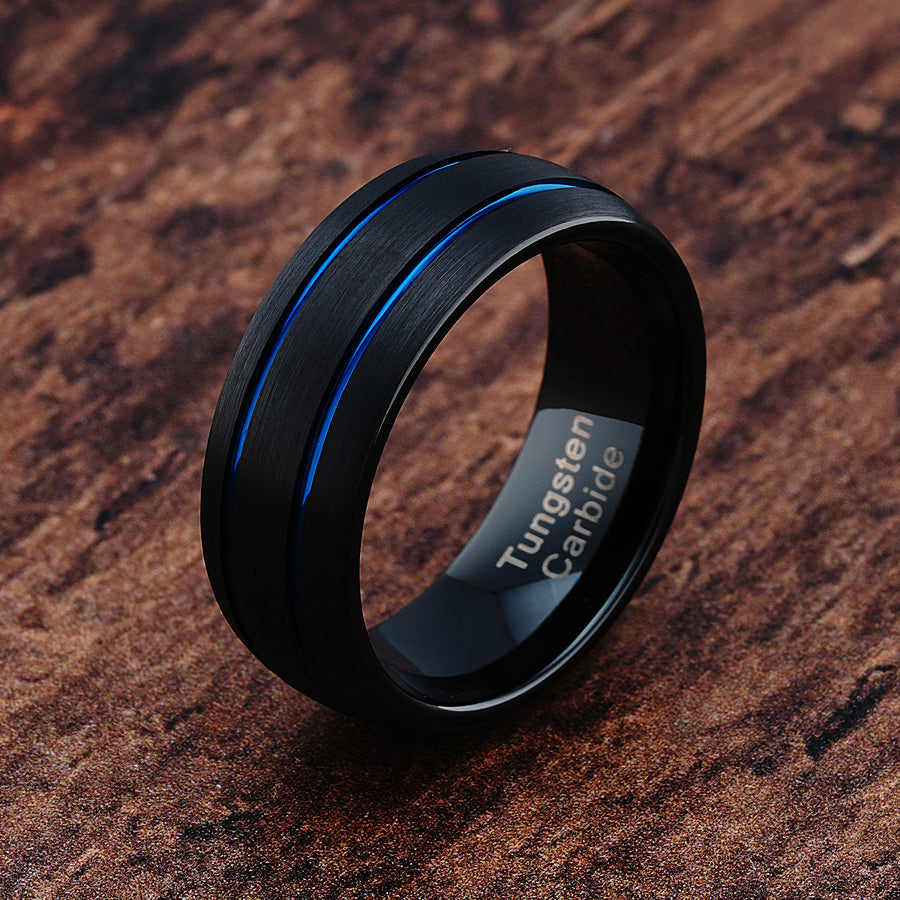 Engravable Black Dome Band Blue Grooves Men's Tungsten