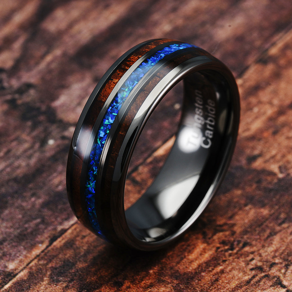 Gunmetal Tungsten Ring For Men Koa Wood Blue Opal Inlaid