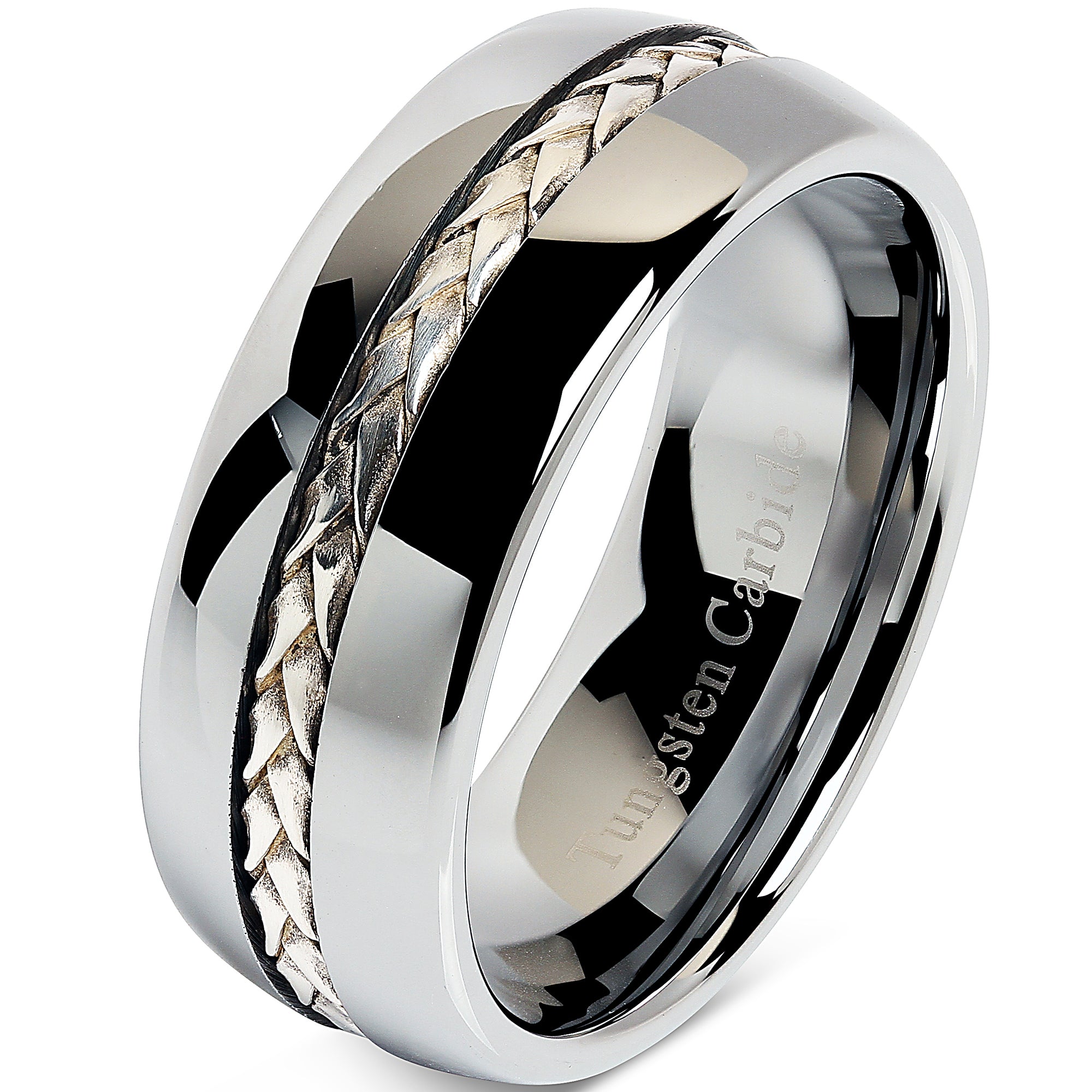 touw Geboorteplaats Oraal 8mm Men's Tungsten Carbide Ring Silver Rope Inlay Wedding Band