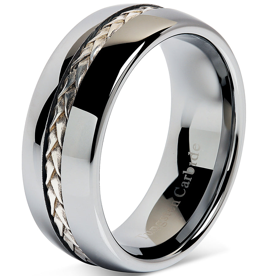 8mm Men's Tungsten Carbide Ring Silver Rope Inlay Wedding
