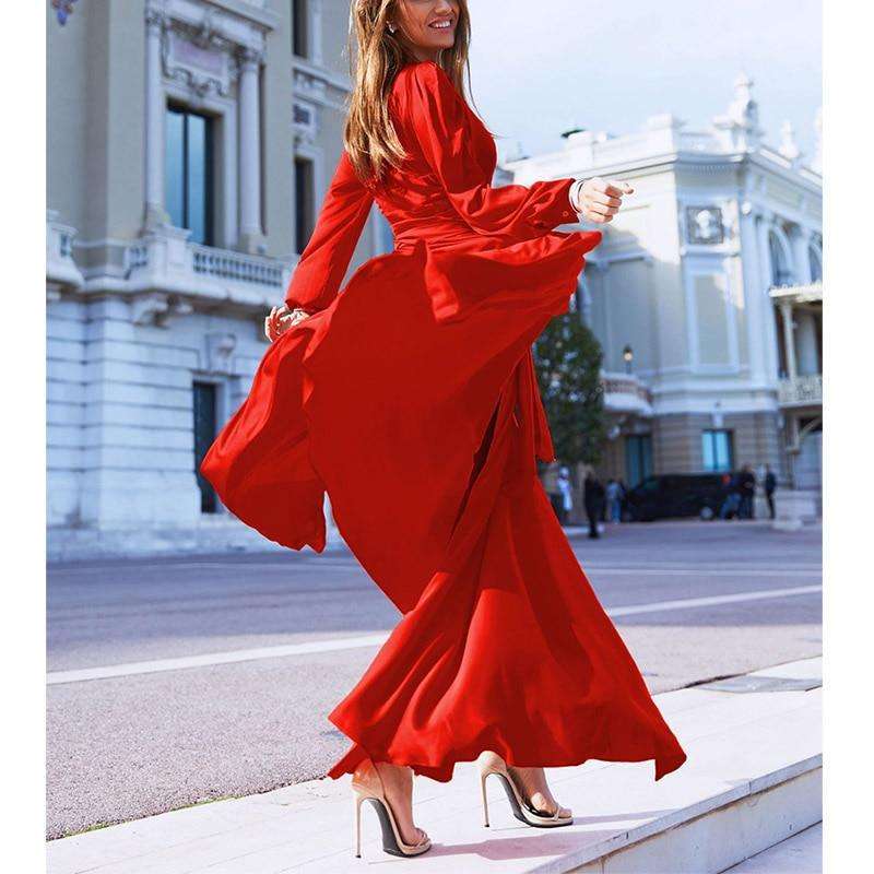 red maxi silk dress