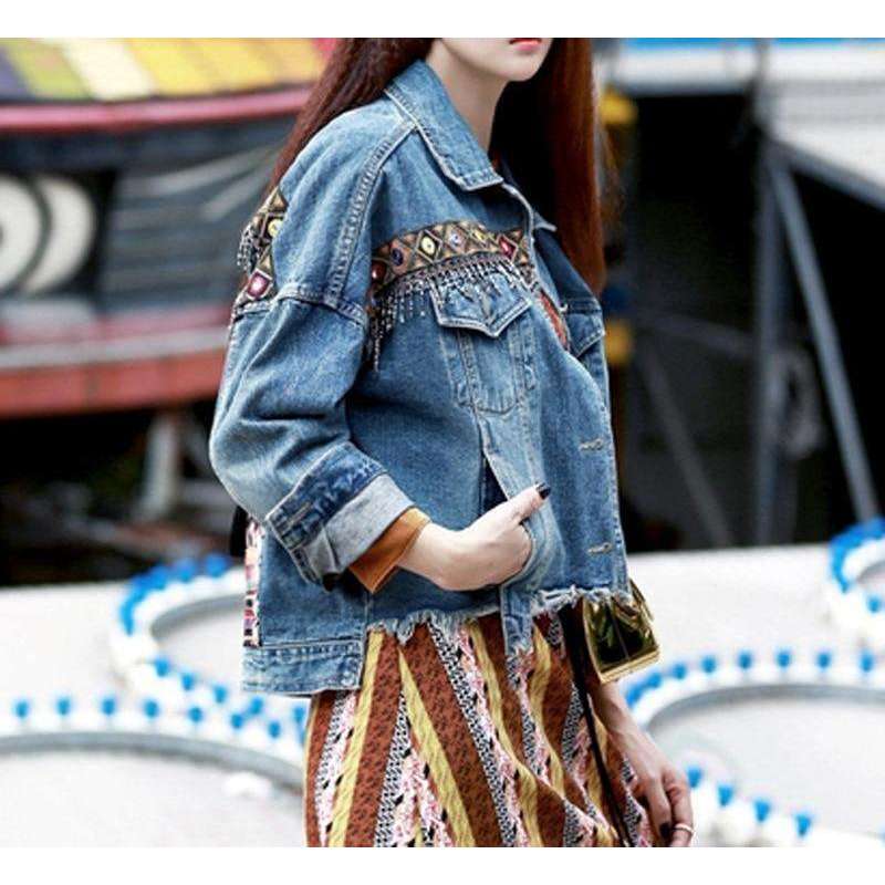 Musho Station:Denim jacket vintage ethnic appliques Embroidery tassel loose Outerwear jacket,