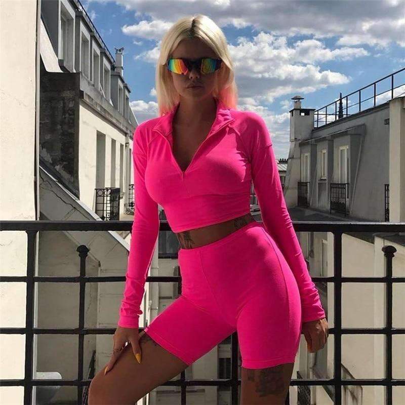 Neon Color Two Piece Set Women Long Sleeve Zipper Front Crop Tops