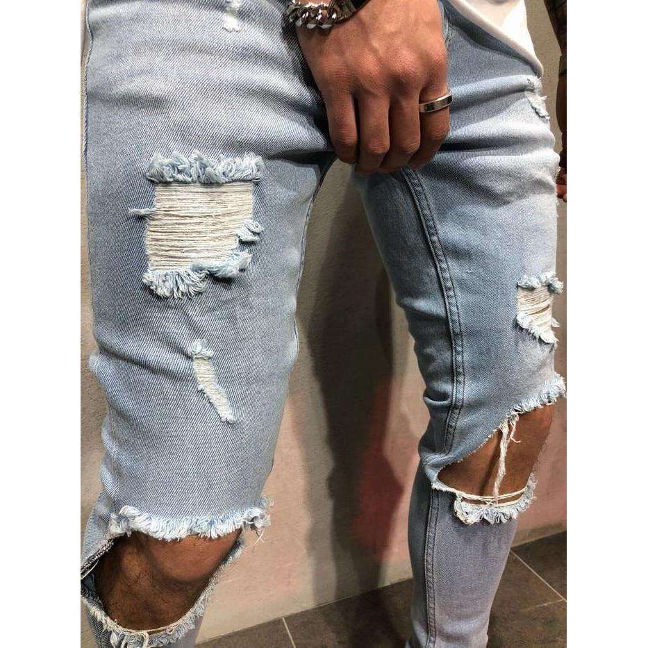 Musho Station:Streetwear Distressed ripped hip hop holes skinny Slim jeans,