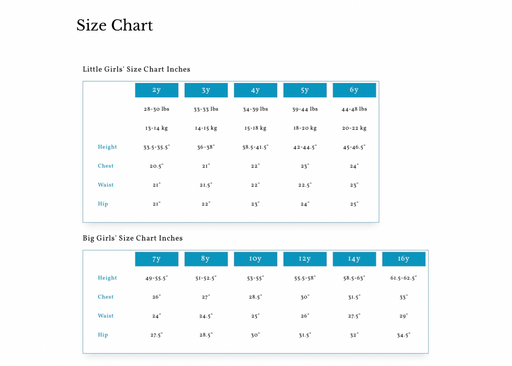 Stella Cove Swimwear Size Chart | HONEYPIEKIDS