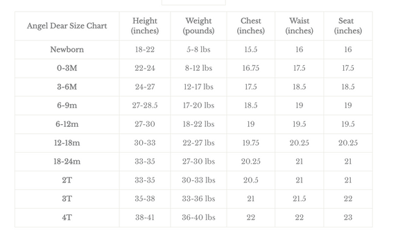 Angel Dear Baby and Toddler size Chart | HONEYPIEKIDS.COM