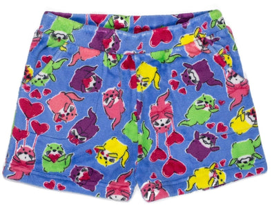 Candy Pink Girls Fleece Pajama Shorts in Raccoon & Smores Pattern