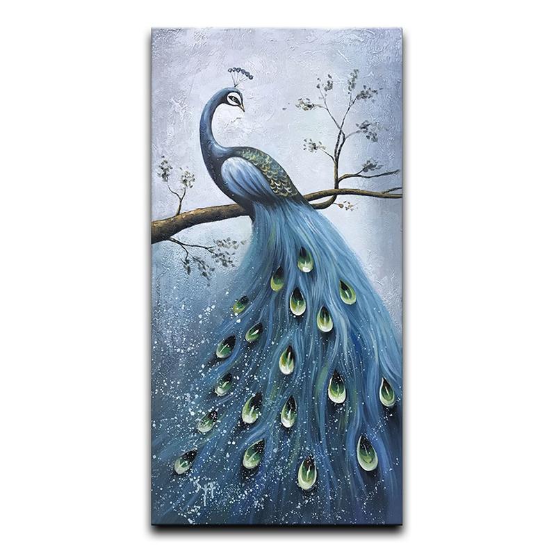 Emerald Drop Feather Smoky Blue Peacock Canvas Art for Hallway – AsdamArt