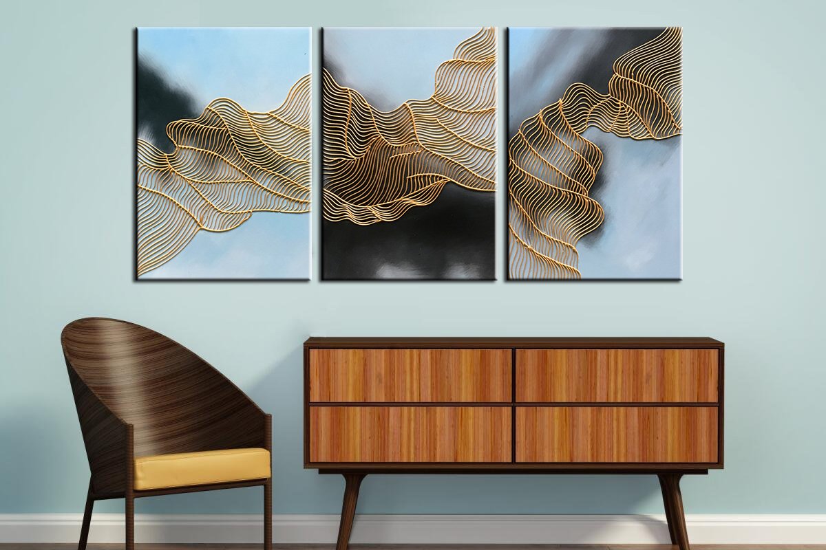 Abstract 3 Piece Canvas Art Irregular Gold Line Decor Living Room Asdamart