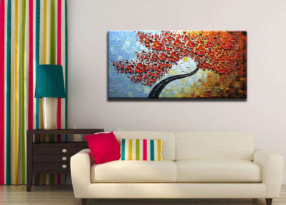 Handpainted Red Tree Wall Art Acrylic Canvas Oil Paintings Asdamart