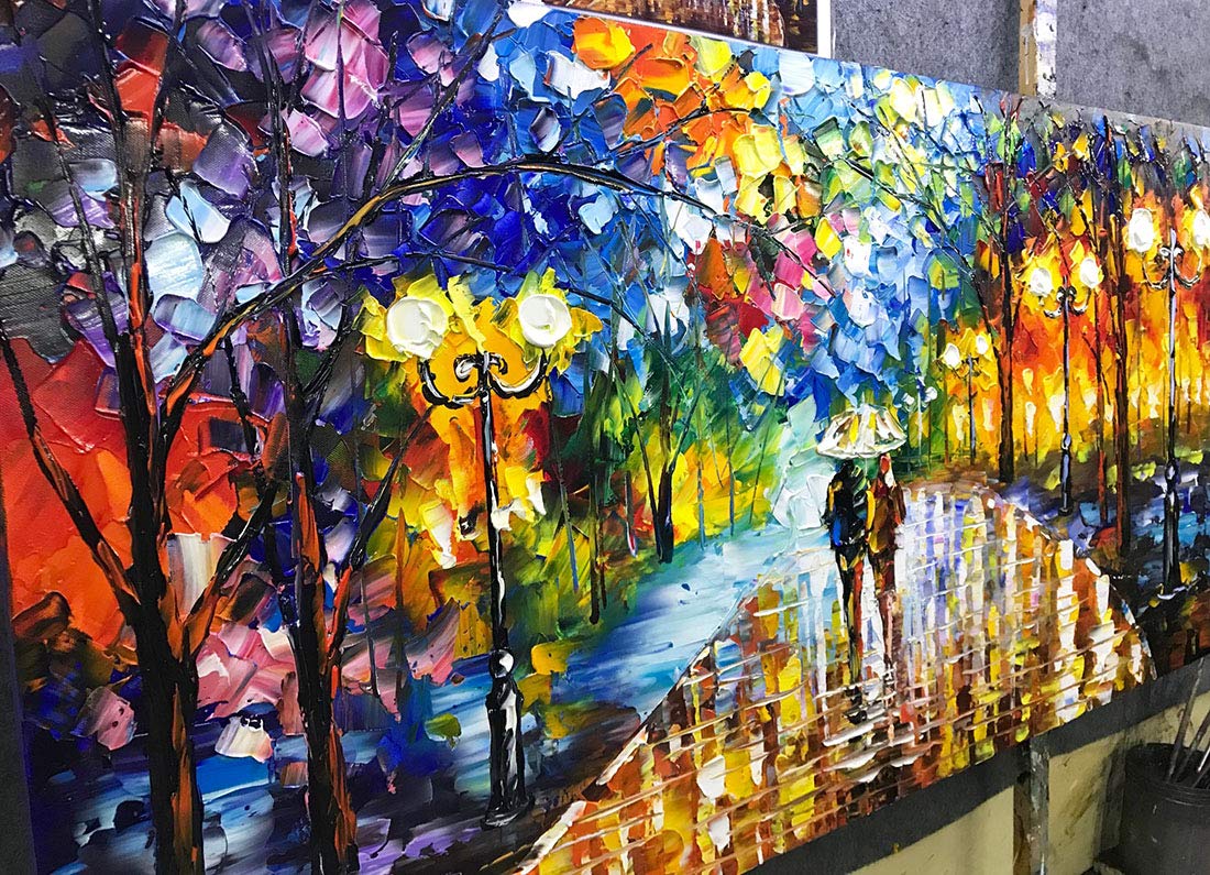 Hand Painted Canvas Wall Art Walking In Rainy Night Warm Color Street Asdamart