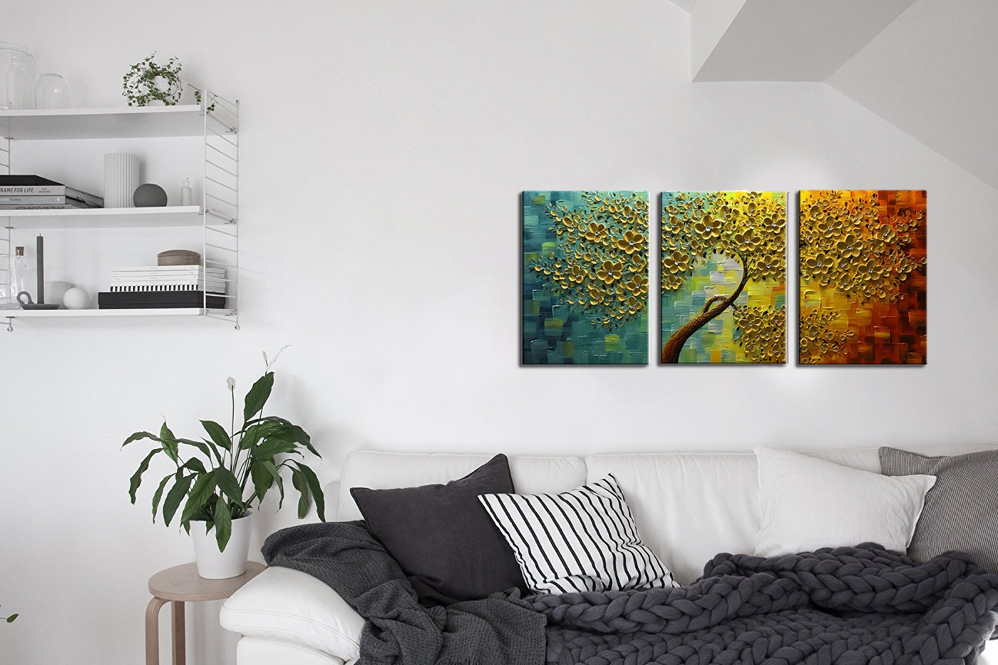 Canvas Wall Art Gold Flower Tree 3 Pieces Canvas Paintings For Living Asdamart