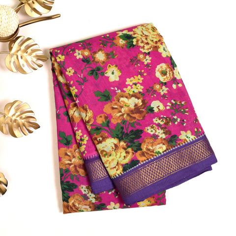 Rani Pink Floral Printed Mangalagiri Cotton Saree