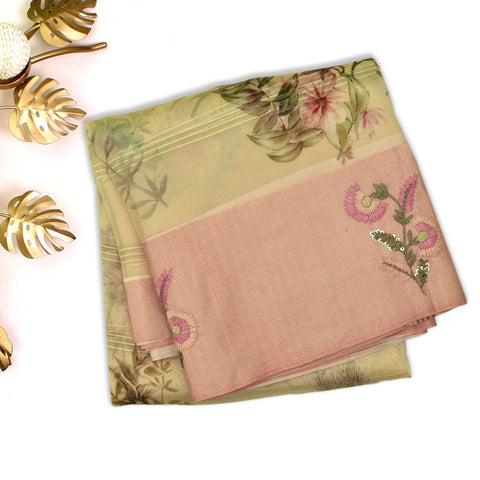 PEACH ORGANZA SILK EMBROIDERY SAREE WITH FLORAL PRINTED